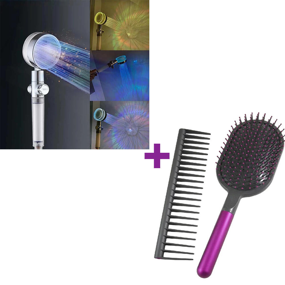 Pack Cabezal de Ducha Con Luz Led & Set Cepillo Peine Desenredador Pelo Dropea